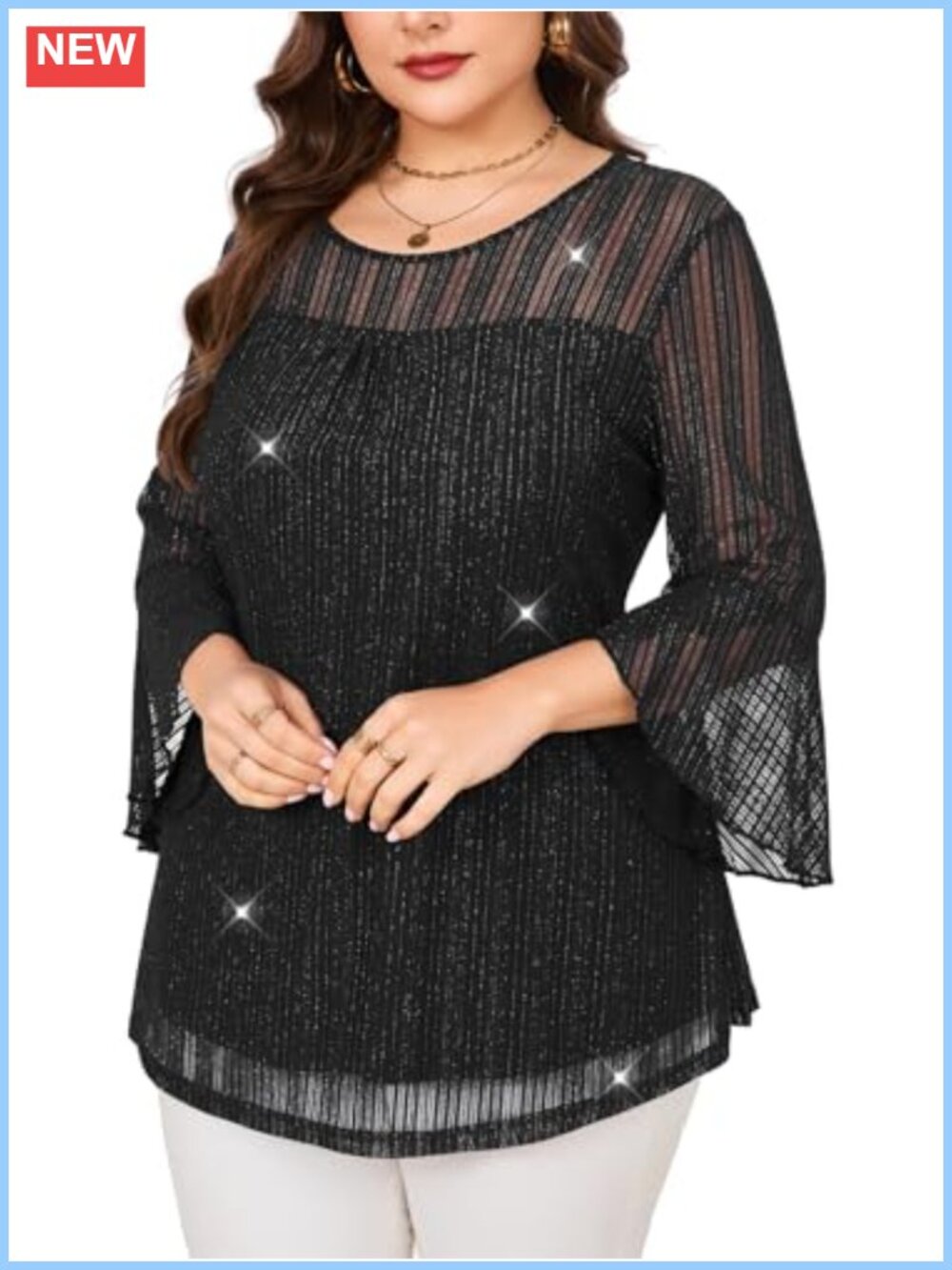 Plus Size Sparkly Mesh Blouse 3/4 Ruffle Sleeve Tunic Top